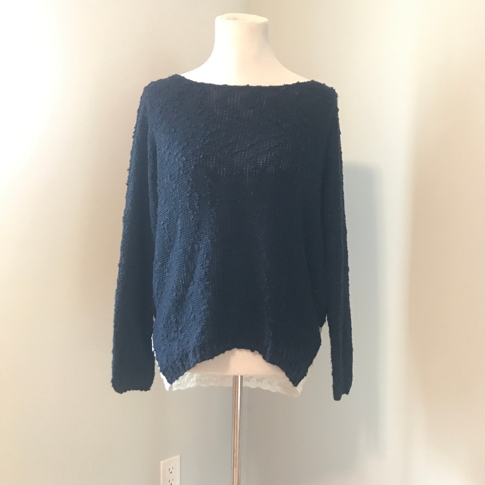 Blue Knit Monteau Sweater with Lace Bottom